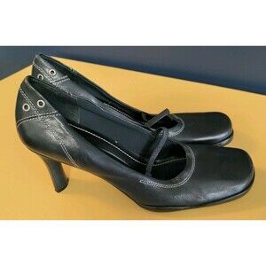 Nine West Size 10 Black Leather Heels 3" Square Toe Mary Jane Style Flex Sole